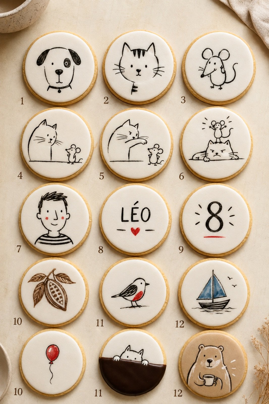 Collection de biscuits ronds dessinés avec animaux, prénom, cacao, oiseau et bateau