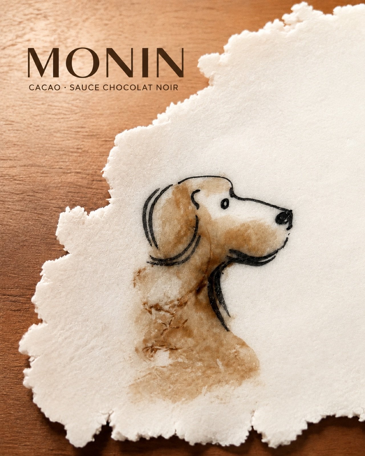 Prototype de chien dessiné avec sauce chocolat sur pâte à sucre