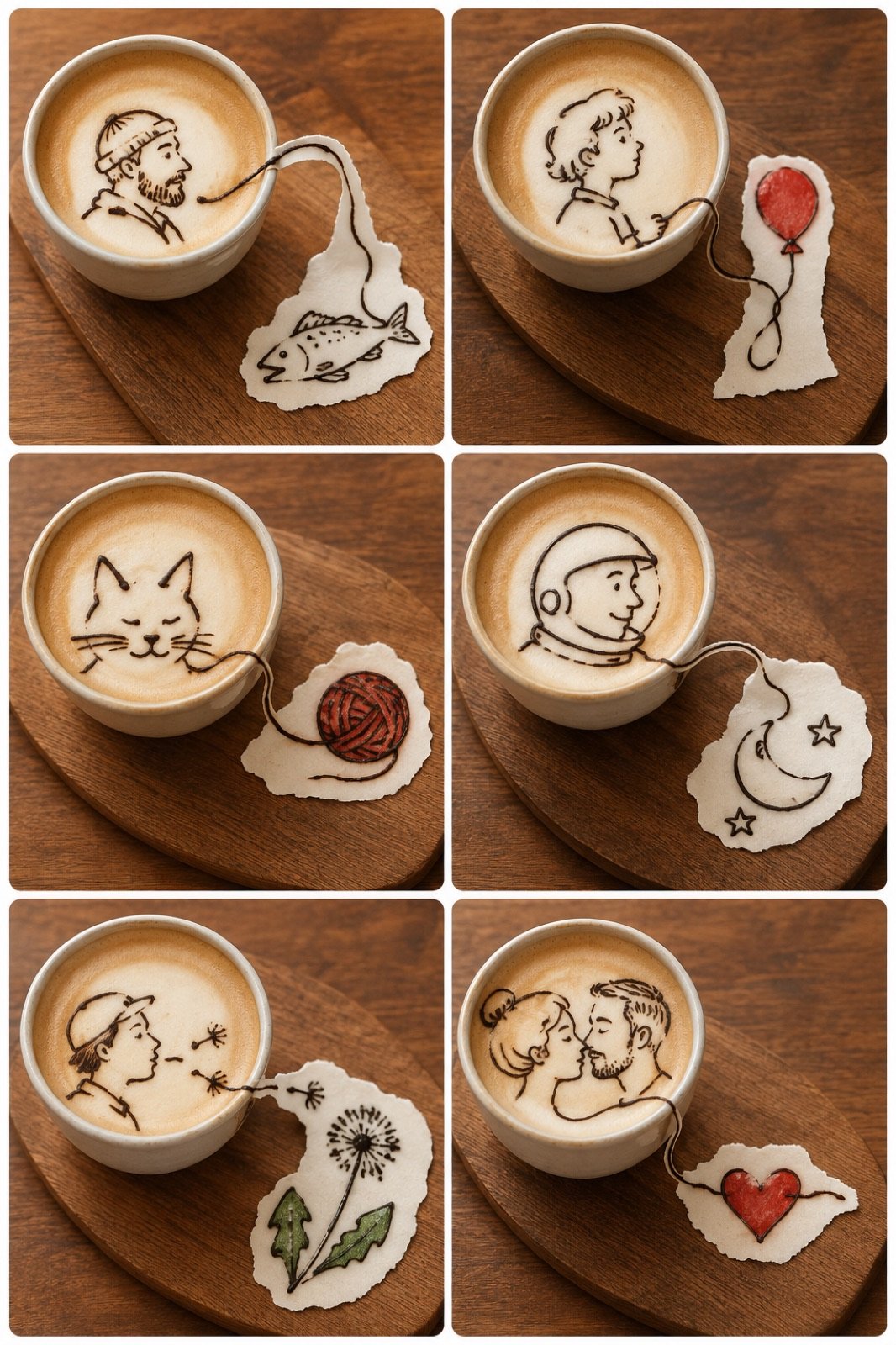 Portraits dessinés sur café avec éléments comestibles