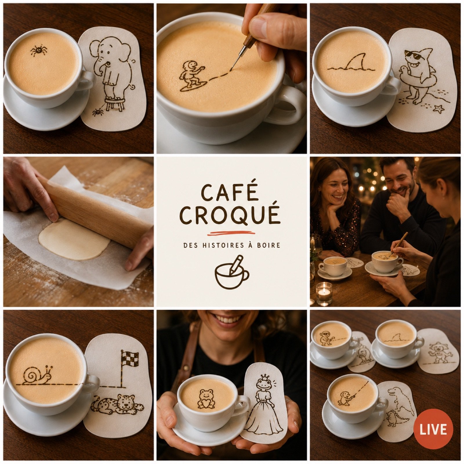 Planche visuelle Latte Art avec dessins sur café, gâteaux et animation live