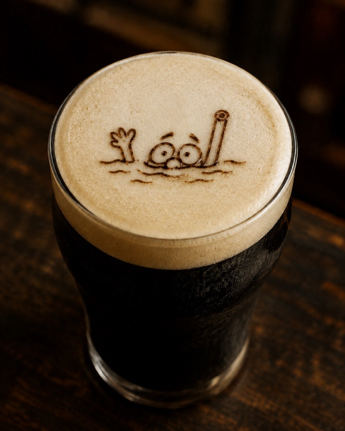 Dessin sur mousse de bière avec pêcheur nageur, animation boisson personnalisée