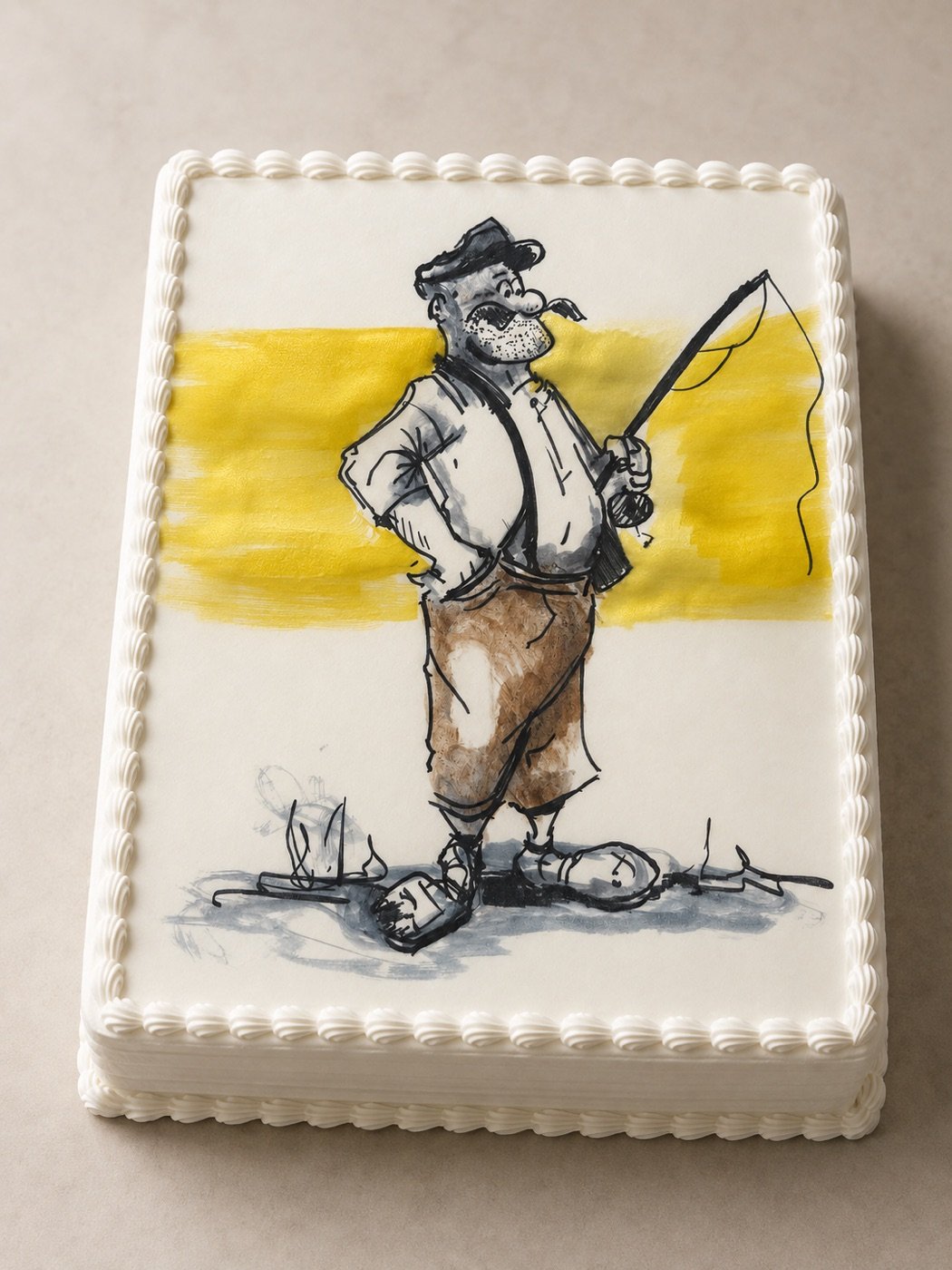 Dessin de pêcheur sur gâteau personnalisé, décoration comestible pour événement
