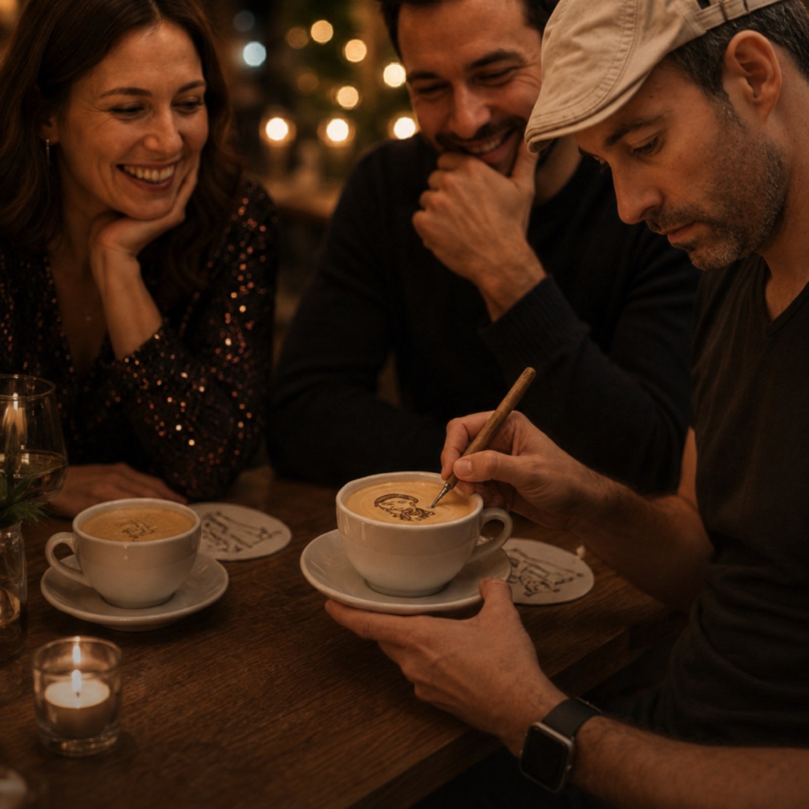 Frédéric Pierrat dessine en live sur un café devant des invités