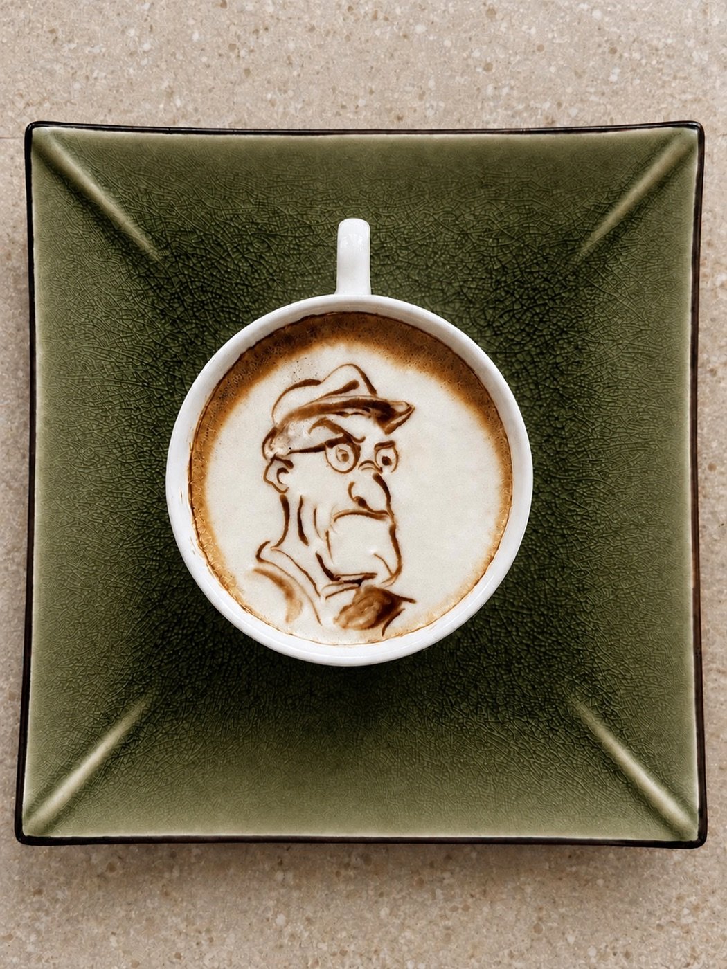 Latte art dessin sur café avec portrait d'homme sur mousse, assiette verte
