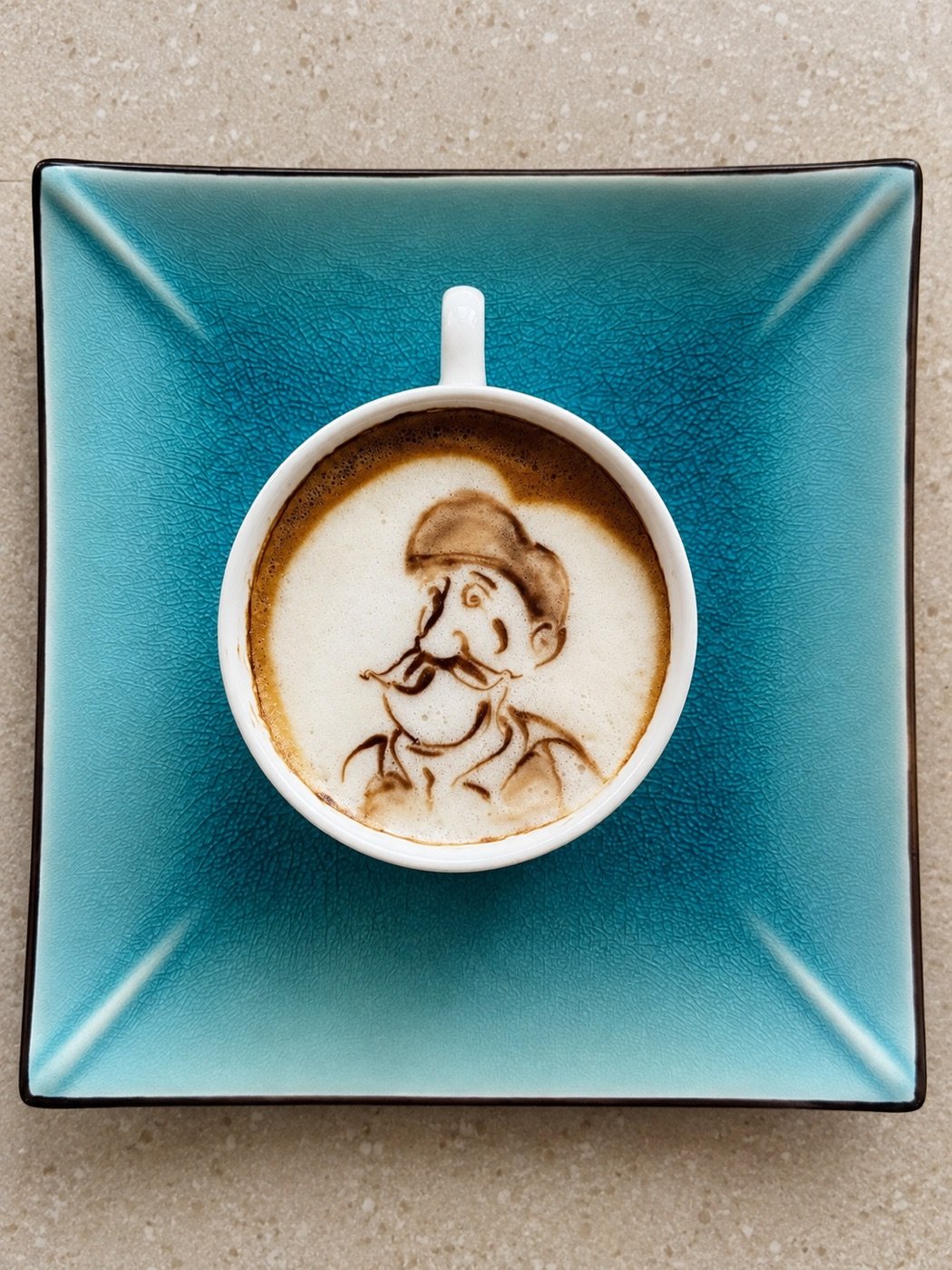 Portrait de pêcheur en latte art dessiné sur mousse de café