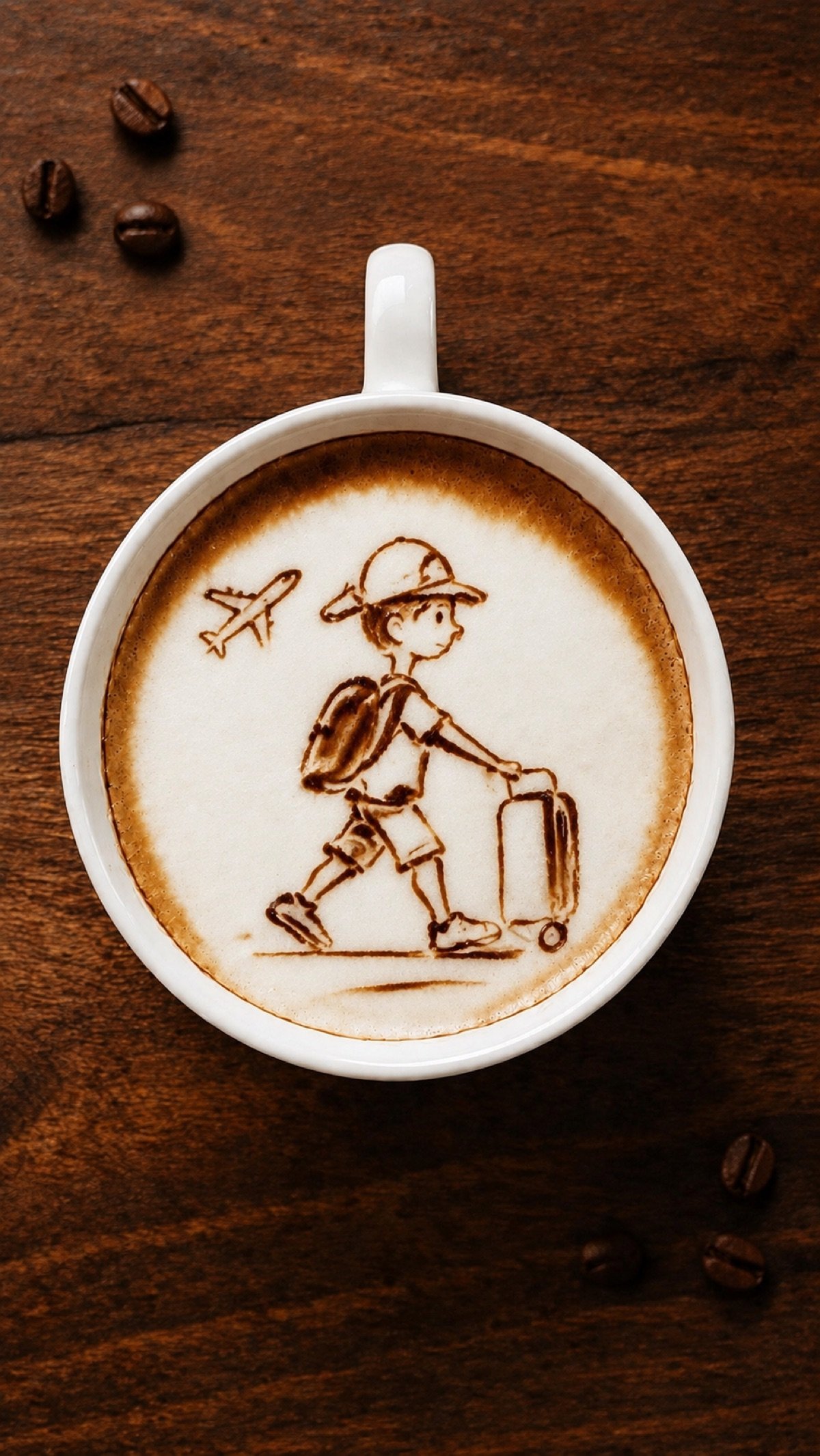 Dessin d'enfant voyageur avec valise sur mousse de café